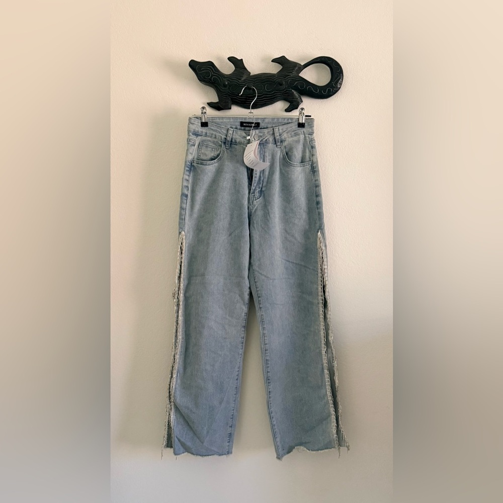 NWT Women’s High Waisted Jeans Wide Split Leg, Rhinestone Fringe